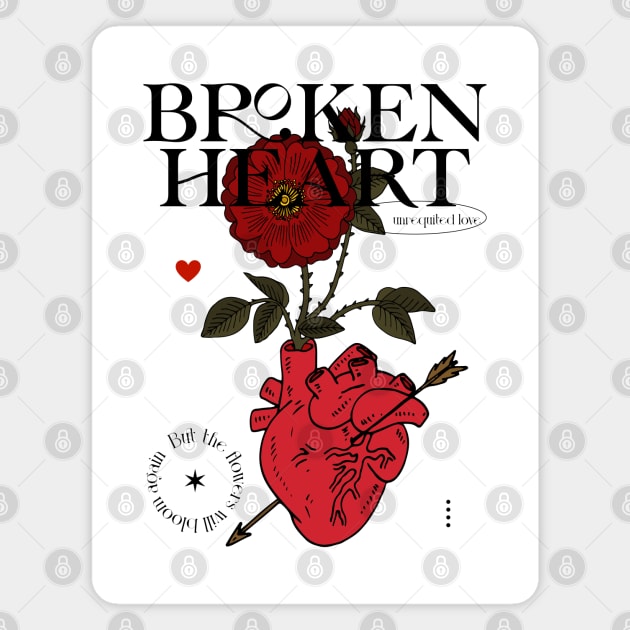 Red heart with red flower and quote Broken heart Magnet by NKTN